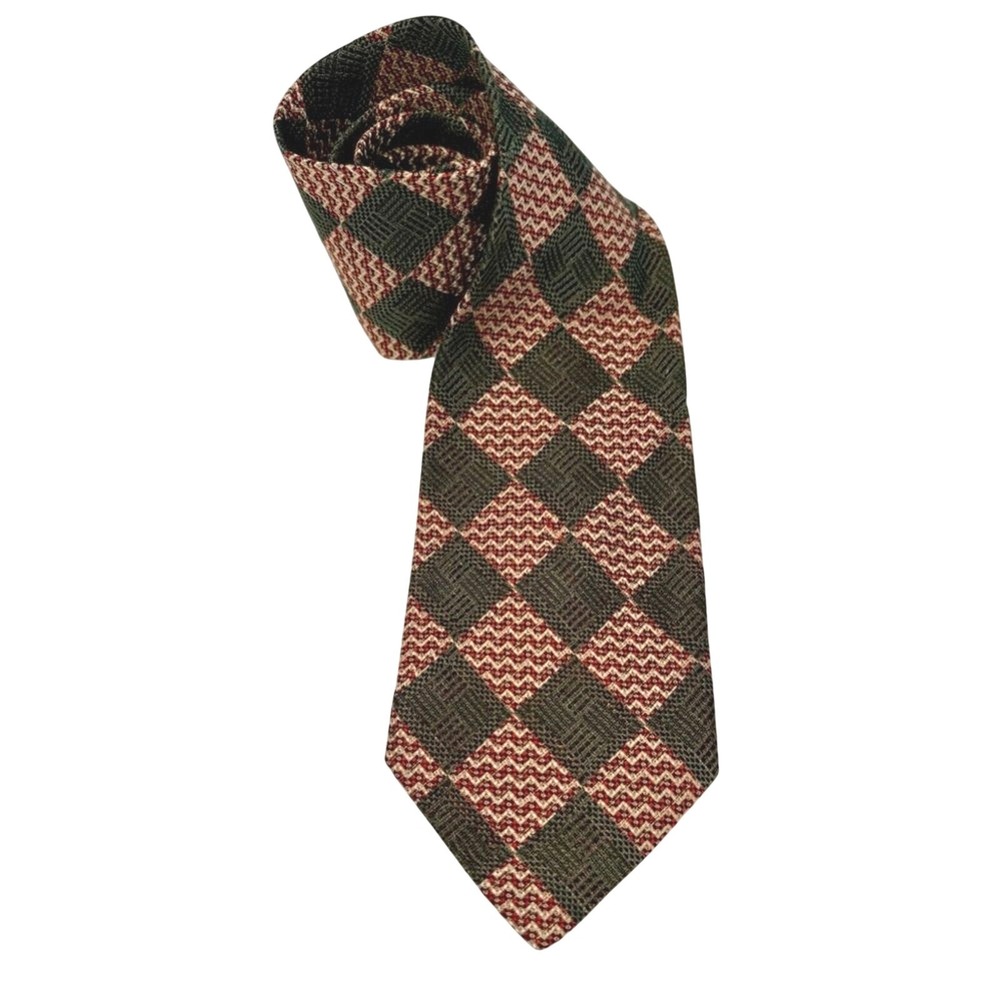 Ermenegildo Zegna 100% Silk Tie Green Red Diamond Motif Italian Business Holiday - Picture 2 of 4